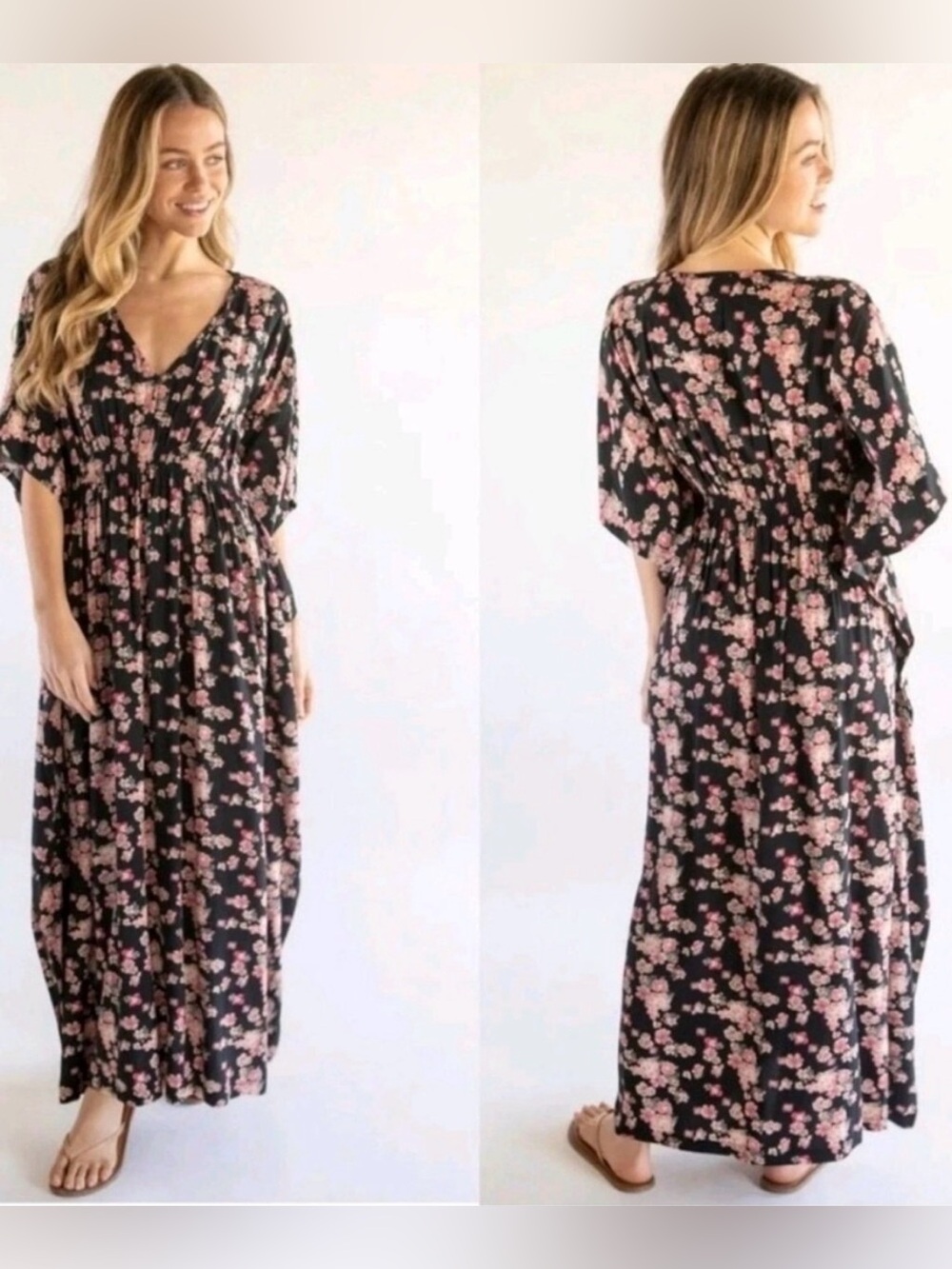 NATURAL LIFE • Sanibel kaftan Maxi Dress black with Pink Floral Print Small